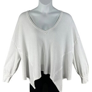 Free People Women Large White Caroline Thermal Top Asym Hem Waffle Knit Pullover